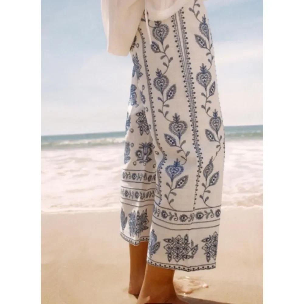 Zara Linen Embroidered Culottes Wide Leg Pants Size XL / NWT